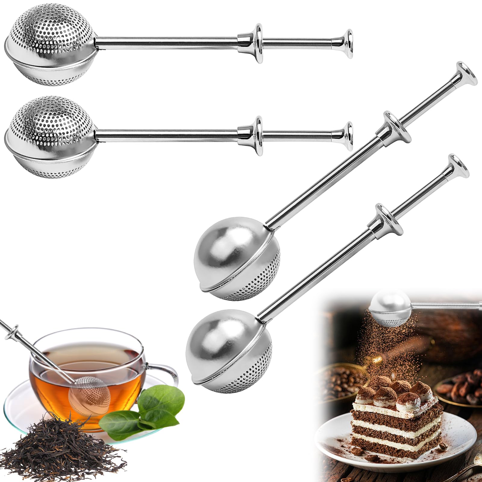 4 Piezas Infusor de Té Acero Inoxidable 304, Pinzas para Té, Reutilizable, Bolas de Té con Agujeros Totales, Colador de Tea en Forma de Bola, Bola de Filtro de Tea con Mango Telescópico