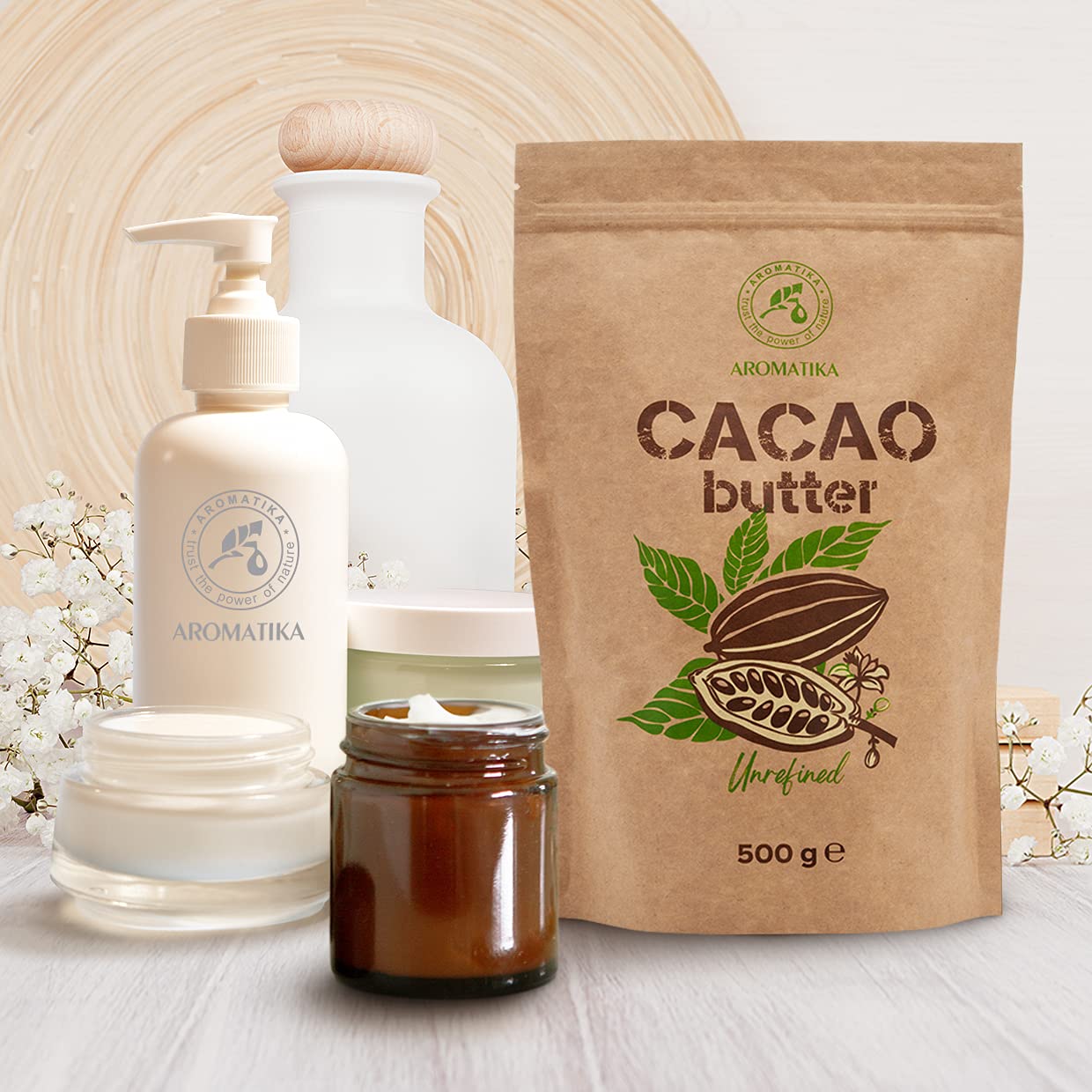 Burro di Cacao - 500g - Spremuto a Freddo - non Raffinato - Theobroma Cacao - per Uso Alimentare in Ricette Dolci, per Creme Fatte in Casa Corpo, Viso e Labbra