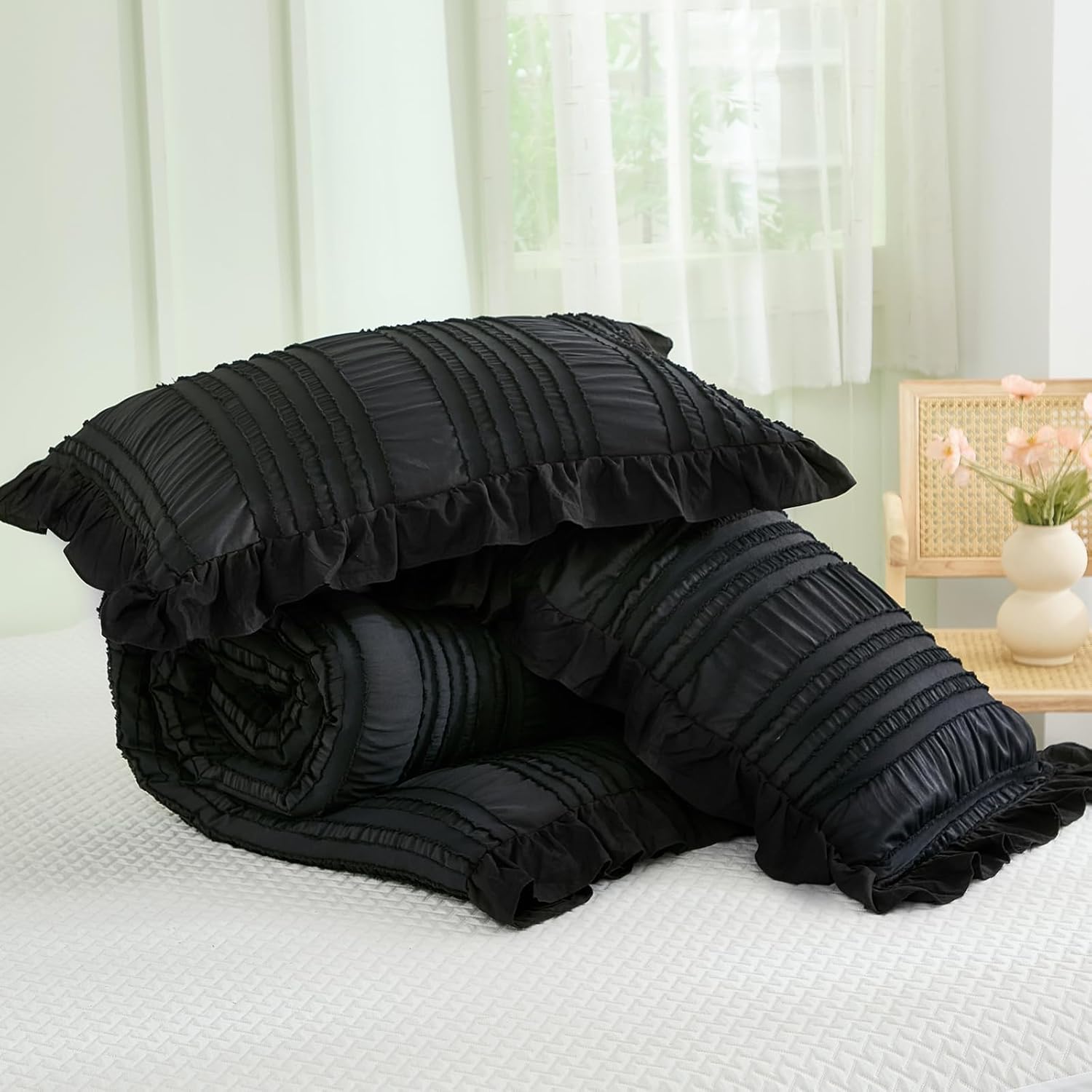 WONGS BEDDING Black Comforter Set King,3 Pieces Ruffle Farmhouse Shabby Chic Boho Comforter for King Bed,Soft Textured Bedding Set with 1 Ruffle Comforter,2 Tufted Pillowcases 104"×90" - Image 7