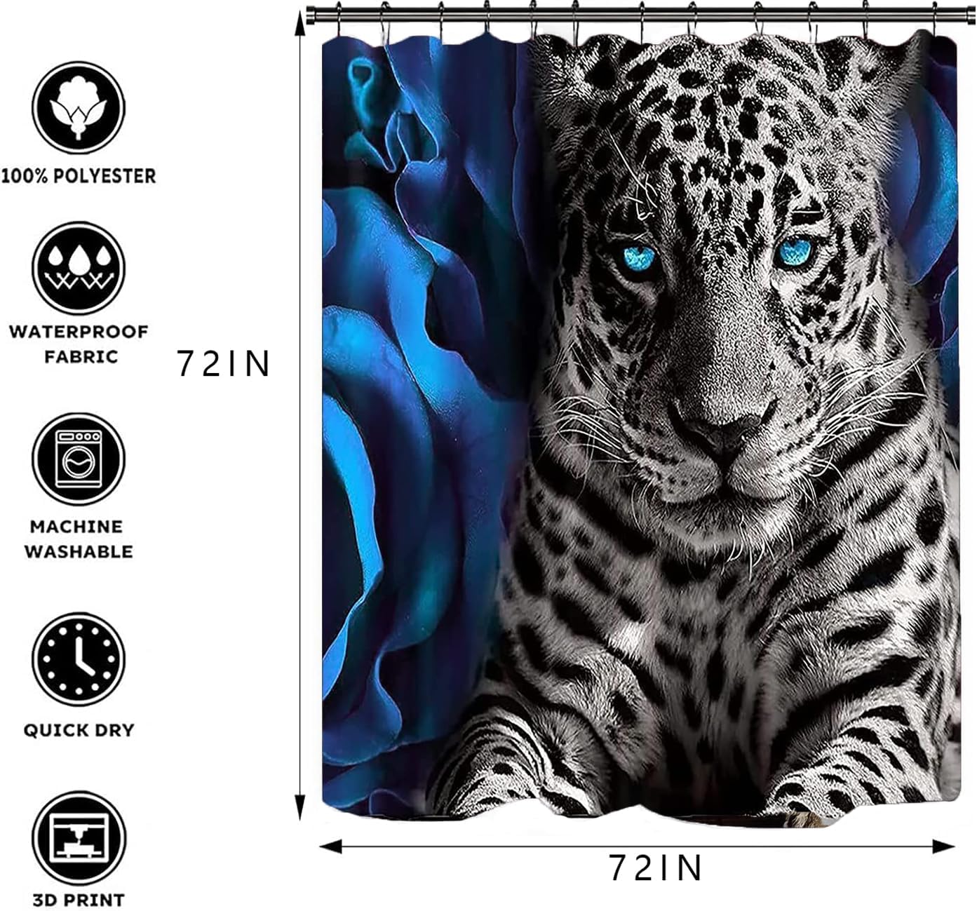 NBVKO 4PCS Blue Rose and Leopard Shower Curtain Set with Non-Slip Rugs,Toilet Lid Cover and Bath Mat,Bathroom Decor Accessory Set