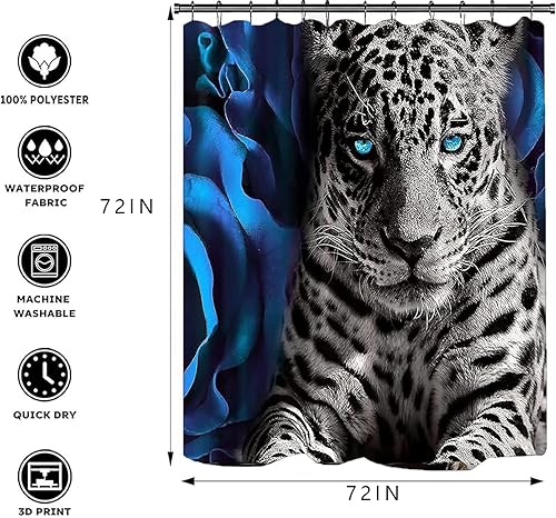 Miniatura 6 de Juego de cortina de ducha con diseño de rosa azul y leopardo con 12 ganchos, juego de cortina de baño duradera, 72 x 72 pulgadas