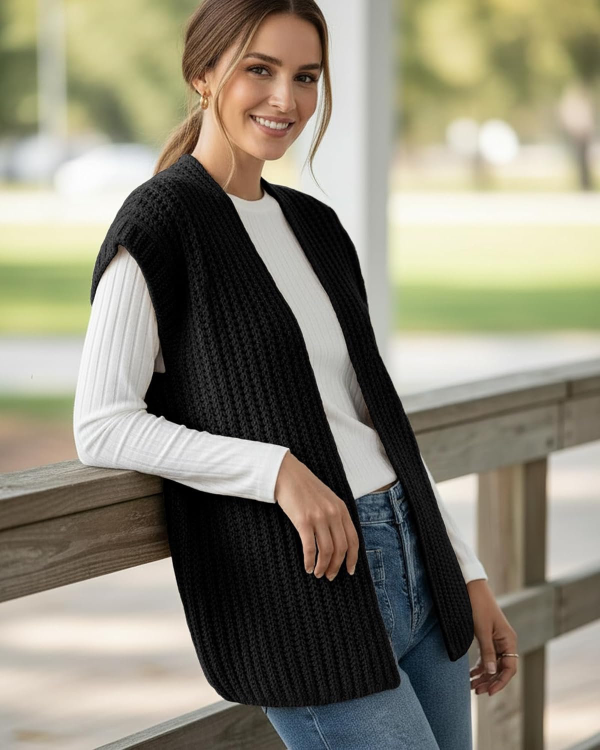 Womens Fall Sleeveless Chunky Knit Long Sweater Vest Crochet Trendy Open Front Cardigan Sweater Tops - Image 5