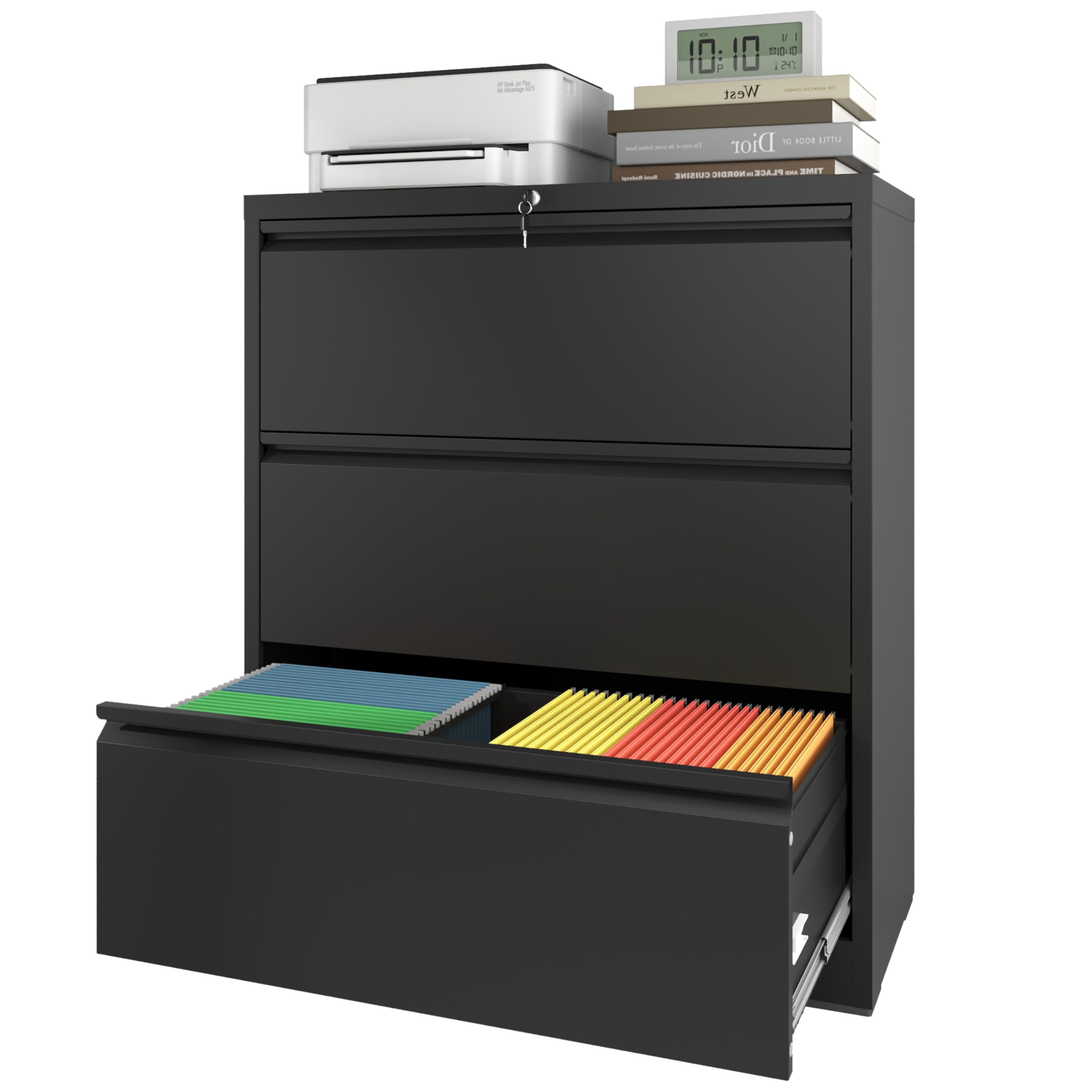 IKIMI 3 Drawer Lateral File Cabinets with Lock,Metal Lateral Filing Cabinet for Home Office,Black Wide Steel Storage Cabinet Commercial Drawer Cabinet for Files Legal/Letter/A4 Size