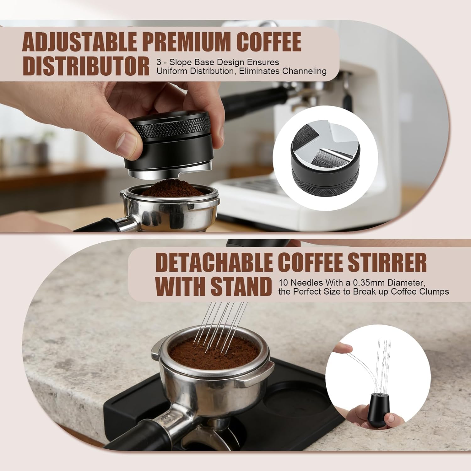 Kit Barista Café 7 Piezas, Accesorios de Espresso, Juego de Prensador Café, Tamper 51mm Estación Prensado, Distribuidor, Herramienta WDT, Anillo Dosador, Filtro Puck, Cepillo, Máquina Portafiltro