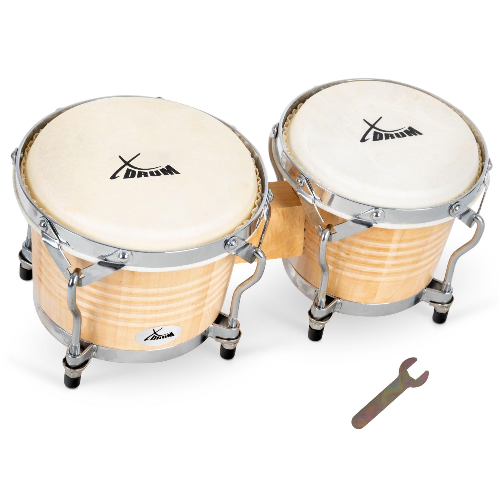 XDrum Bongos Pro Natur - 2 Trommeln mit 6,5" (17 cm) und 7,5" (20 cm) Durchmesser - Bongotrommeln mit stimmbaren Naturfellen, Stimmschlüssel und Ständer - Holztrommeln Naturfarben