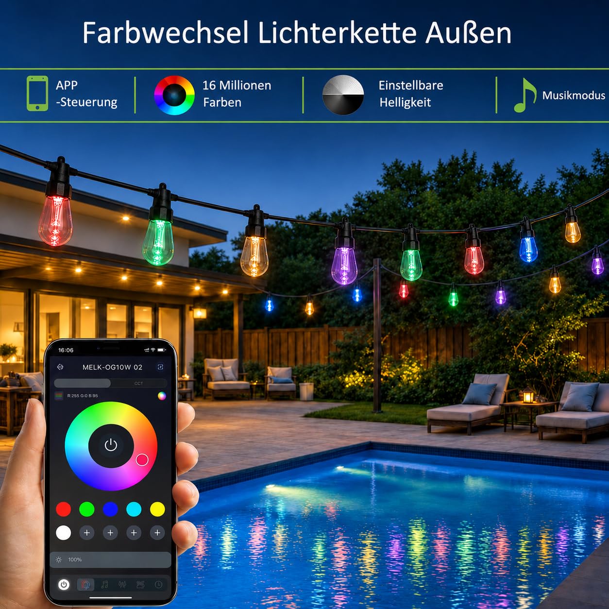 Catena luminosa a LED per esterni, 32 m, 40 LED colorati, per esterni