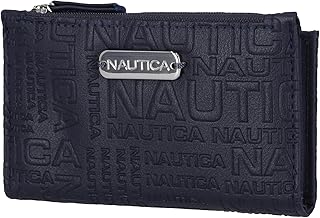 Nautica High Tide Small Wallet for Women, RFID Blocking Slim Credit Card Holder with Zipper Coin Pocket, Bifold Compact Wallet with ID Window, Indigo Printed