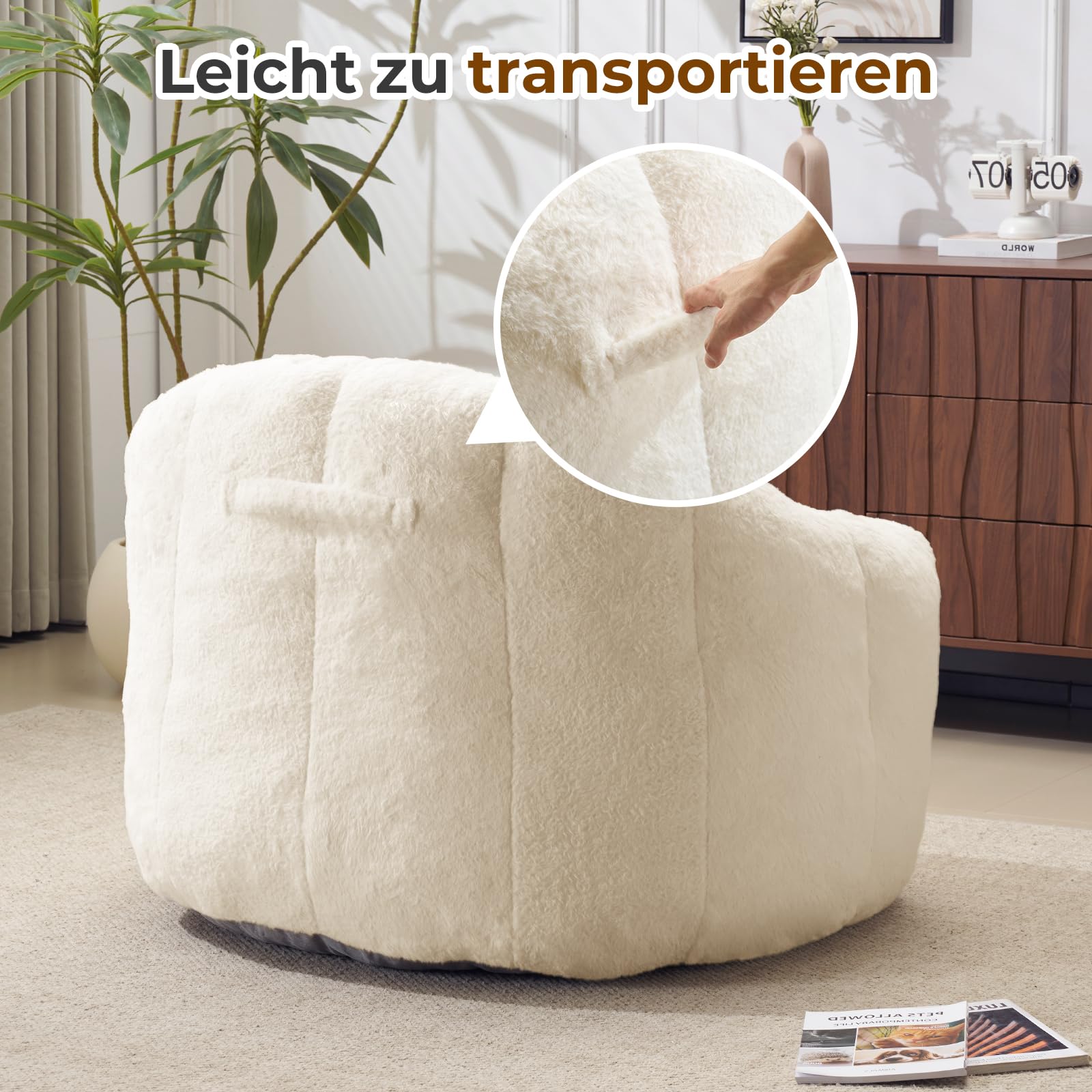 Sitzsack für Erwachsene, Flauschiger Loungesessel aus Kunstfell mit Kissen, Belastbarkeit bis 160 kg, Vakuumverpackt & ohne Montage, für Wohnzimmer, Schlafzimmer, Balkon, Weiß