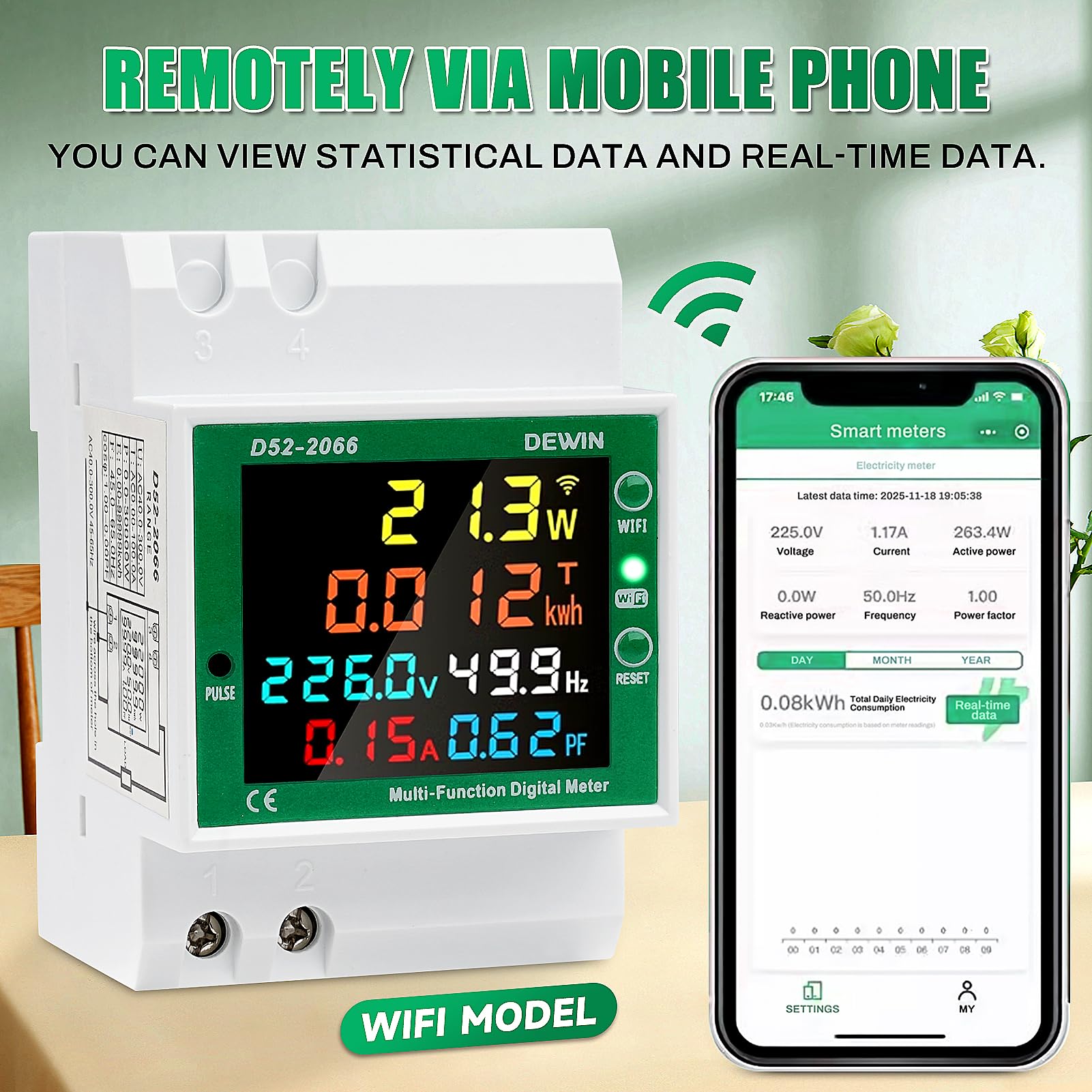 DEWIN Jednofazowy bezprzewodowy miernik zużycia energii elektrycznej, 6 w 1 jednofazowy cyfrowy licznik energii elektrycznej WiFi Tuya AC40~300V 100A woltomierz amperomierz szyny din
