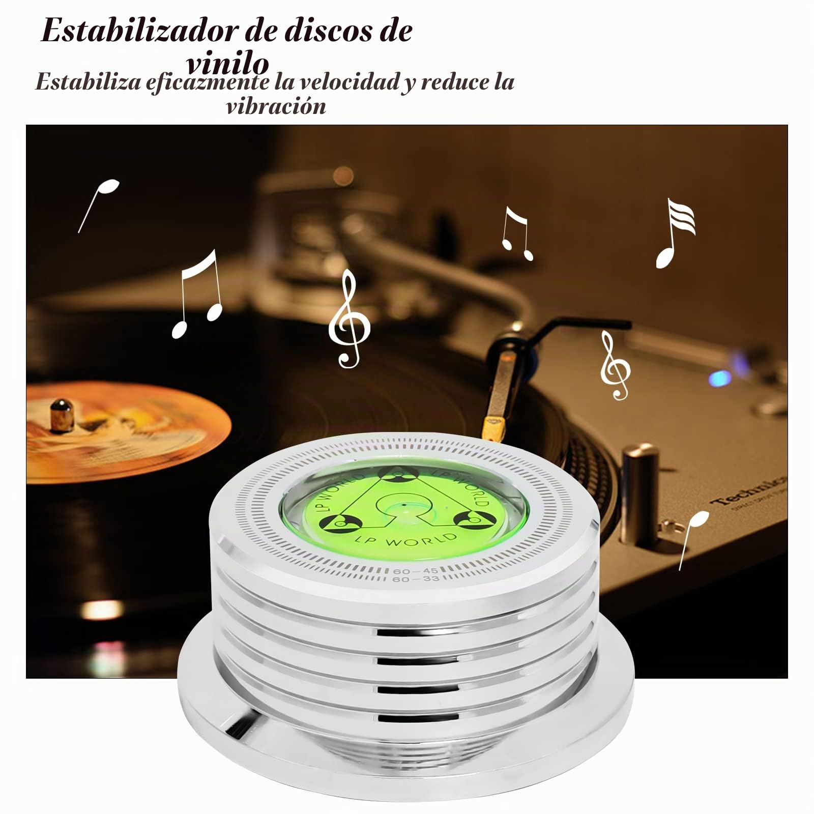 KozyOne Estabilizador de Peso de Disco, Abrazadera estabilizadora de Discos con Nivel de Burbuja para Reproductor de Discos LP de Vinilo (Plata)