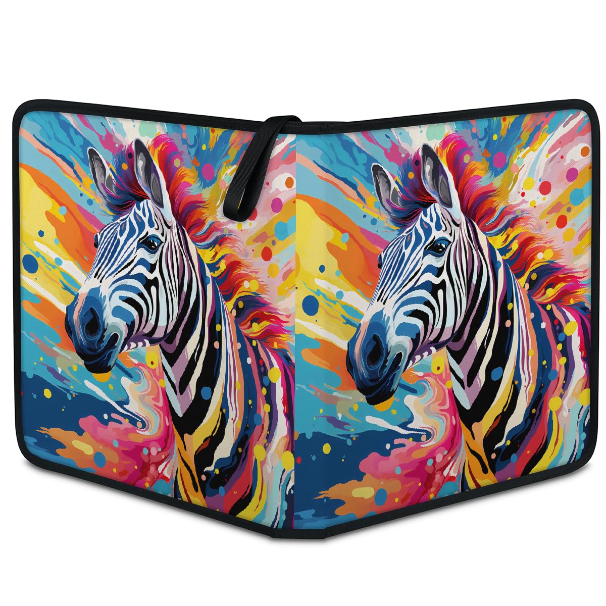 Raccoglitore per carte collezionabili con 4 tasche colorate zebrate, raccoglitore per carte artistiche, pittura con animali, con maniche rimovibili, impermeabile, con cerniera, 50 pagine, capacità 400