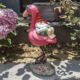 Gnome Garden Statue Funny Gnome Reclining on Flamingo Dwarf Figurines Re...