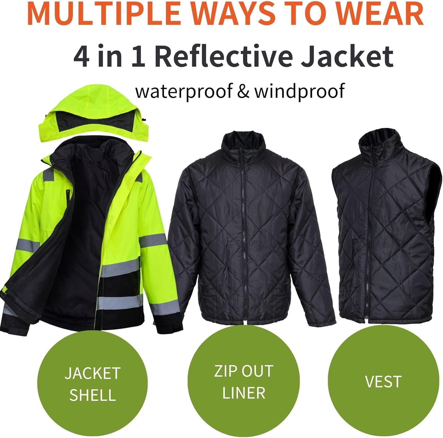 WORK IDEA High Visibility Reflective Jackets for Men Hi Vis Weatherproof 4- in-1 Convertible Rain Coat/Thermal Vest