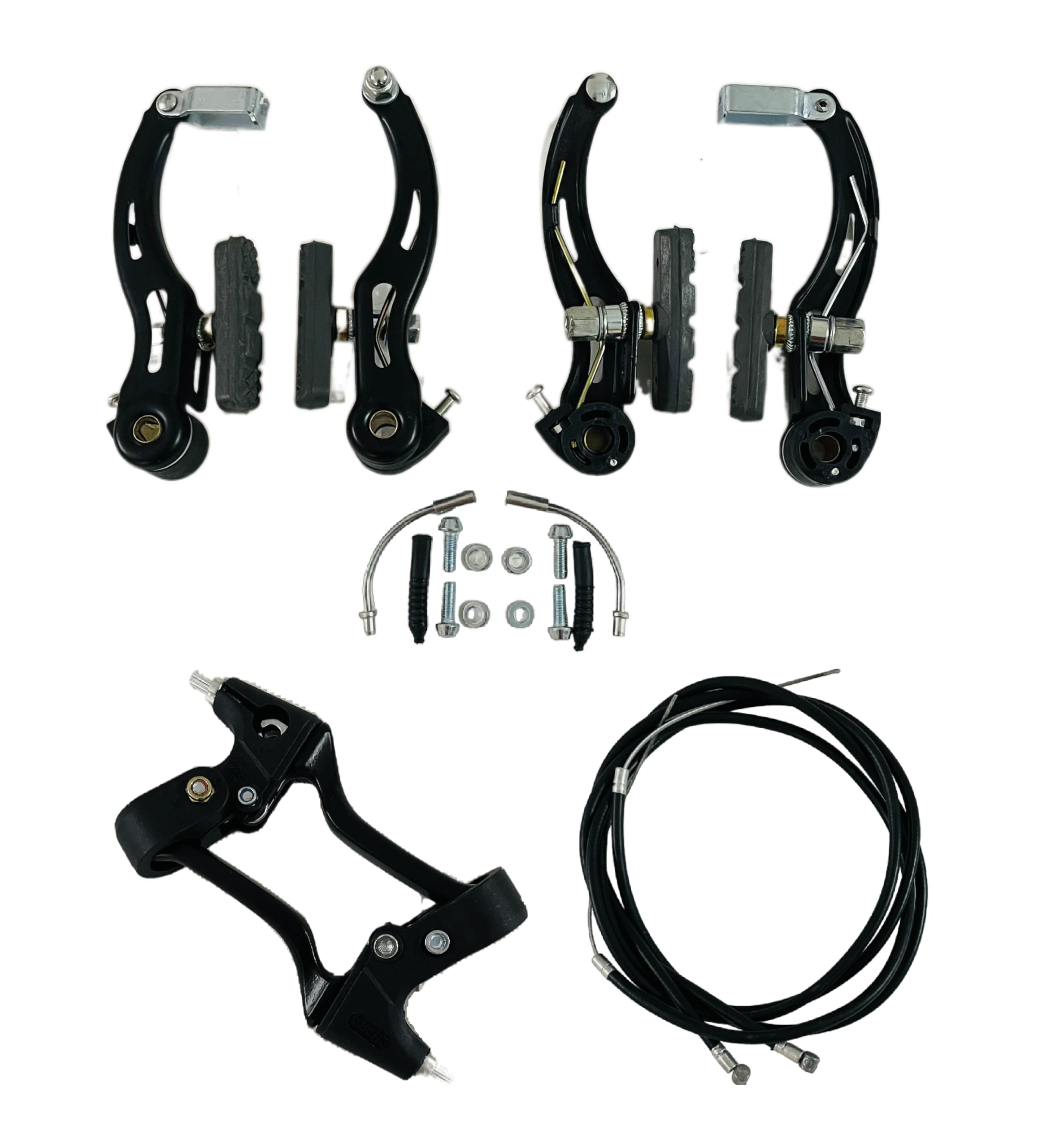 Cycle V-Brake Power Brakes Complete Component Set || Front Rear Steel Caliper + Alloy Clutch Black + Friction Free Long Wire Set + Brakes Shoes for MTB Bicycle