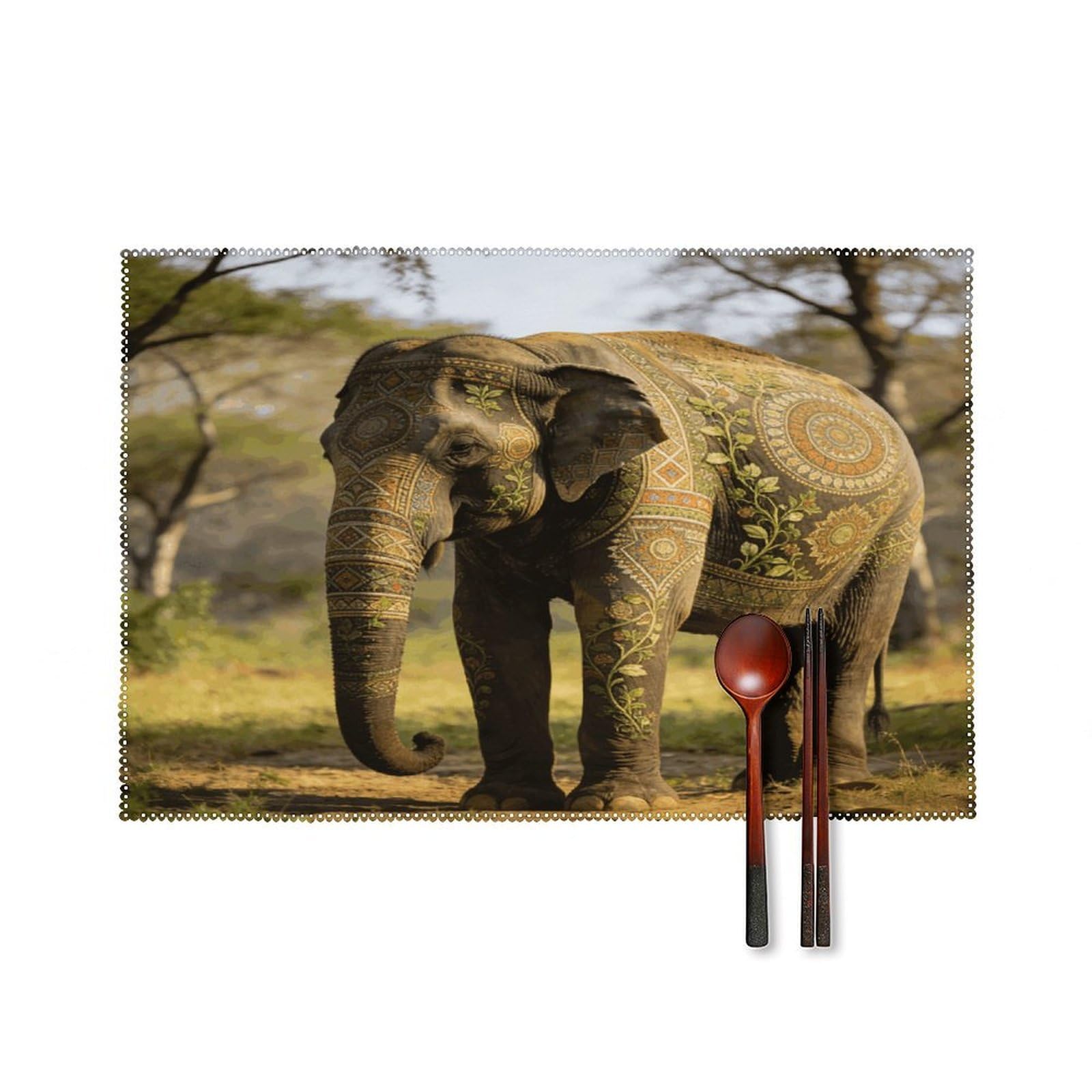 Khauerbc Style Decorative Patterned Elephant Placemats Set Of 6,Decorating The Dining Table，Canvas Washable Table Mats，Wipe Clean Anti Slip Dining Table Place Mats For Party Kitchen Dining Decoration
