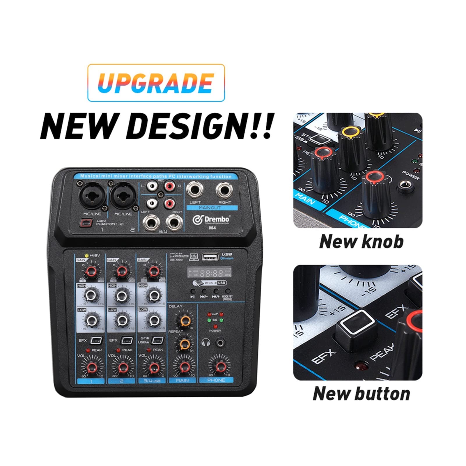 Kontroler miksera DJ M-4/6 Protable Mini Mixer Audio DJ Console with Sound Card, USB, 48V Phantom Power for PC Recording Singing Webcast Party do streamingu/podcastów/gier, telefonu, komputera(M4)