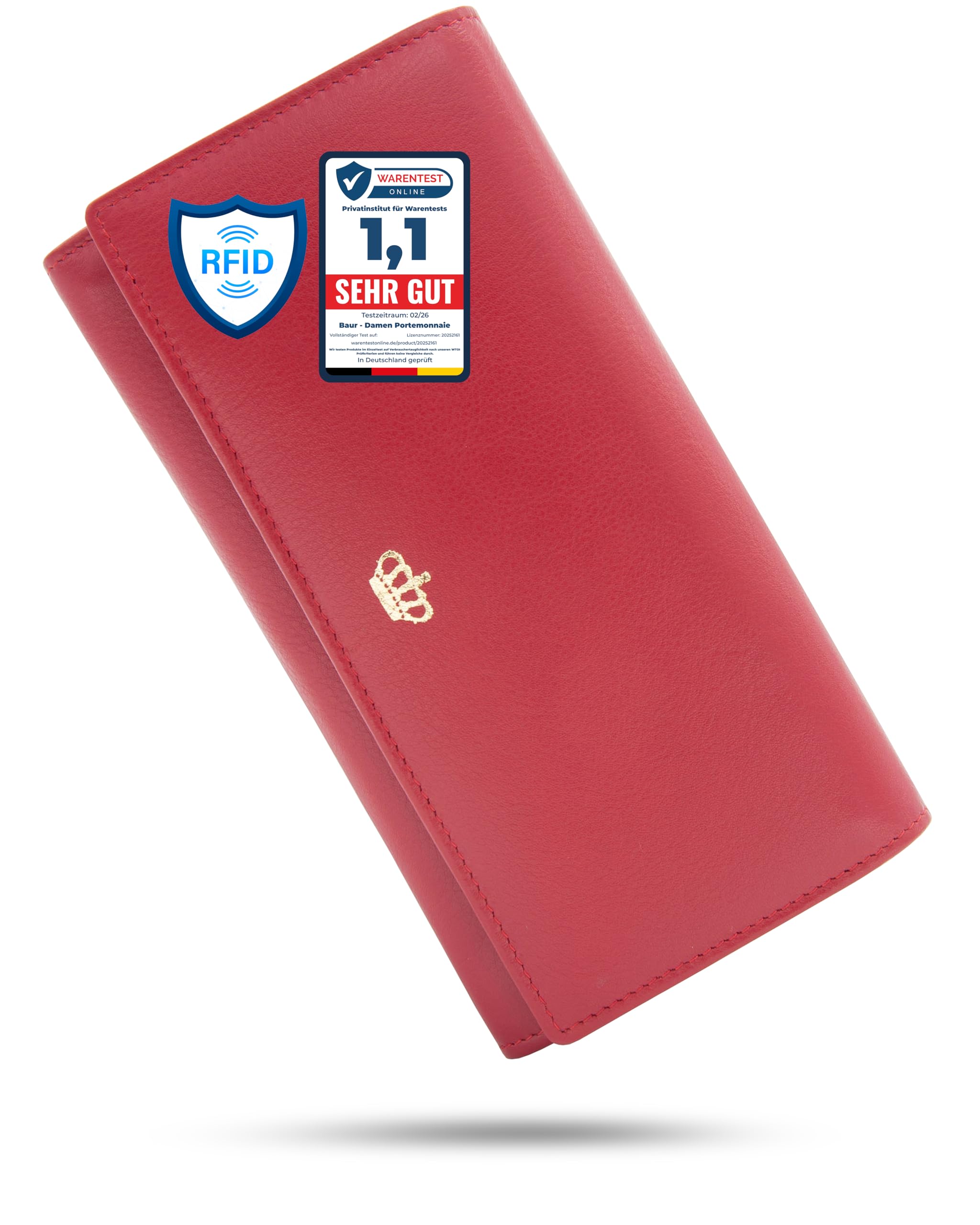 Baur portafoglio da donna – vera pelle nappa con protezione RFID – portafoglio grande con 18 scomparti carte e scomparto monete con cerniera metallica – tutto in pelle (Design oro, Rosso)