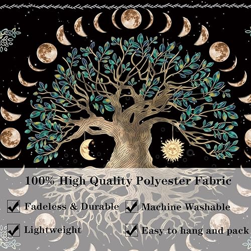 Miniatura 5 de XGXL Tapiz de árbol de la vida de la fase lunar, tapiz de mandala estético para colgar en la pared, decoración de pared bohemia de la naturaleza,