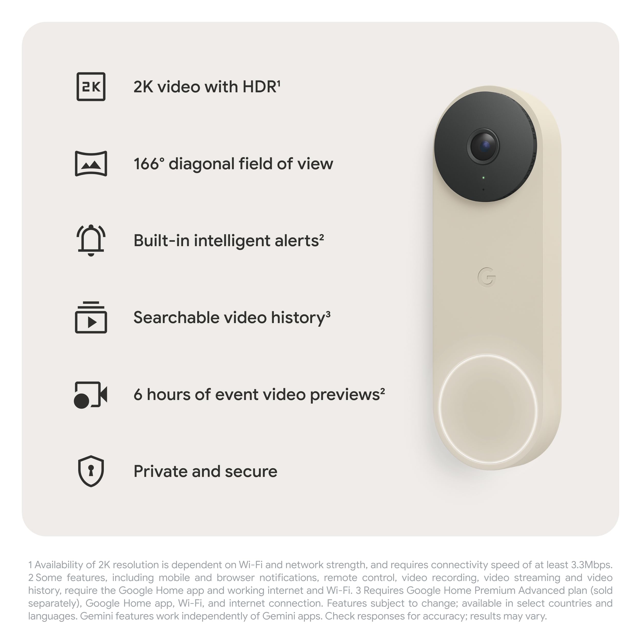 Google Nest Doorbell (Wired, 3rd Gen) - 2K Video and Gemini, Live View, Night Vision, 2-Way Audio - Works with Google Home - 2025 Model - Linen