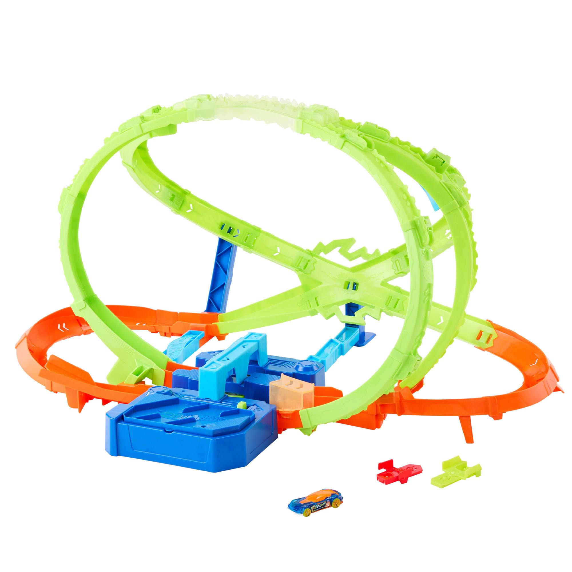 Hot Wheels Stunt Tracks Scontri nell'Ipersfera Set scontri e macchinina | Lanciatore motorizzato lancia il veicolo scala 1:64 in un loop rovesciato, 2 zone di scontro, Speed Snap Track, JTC74