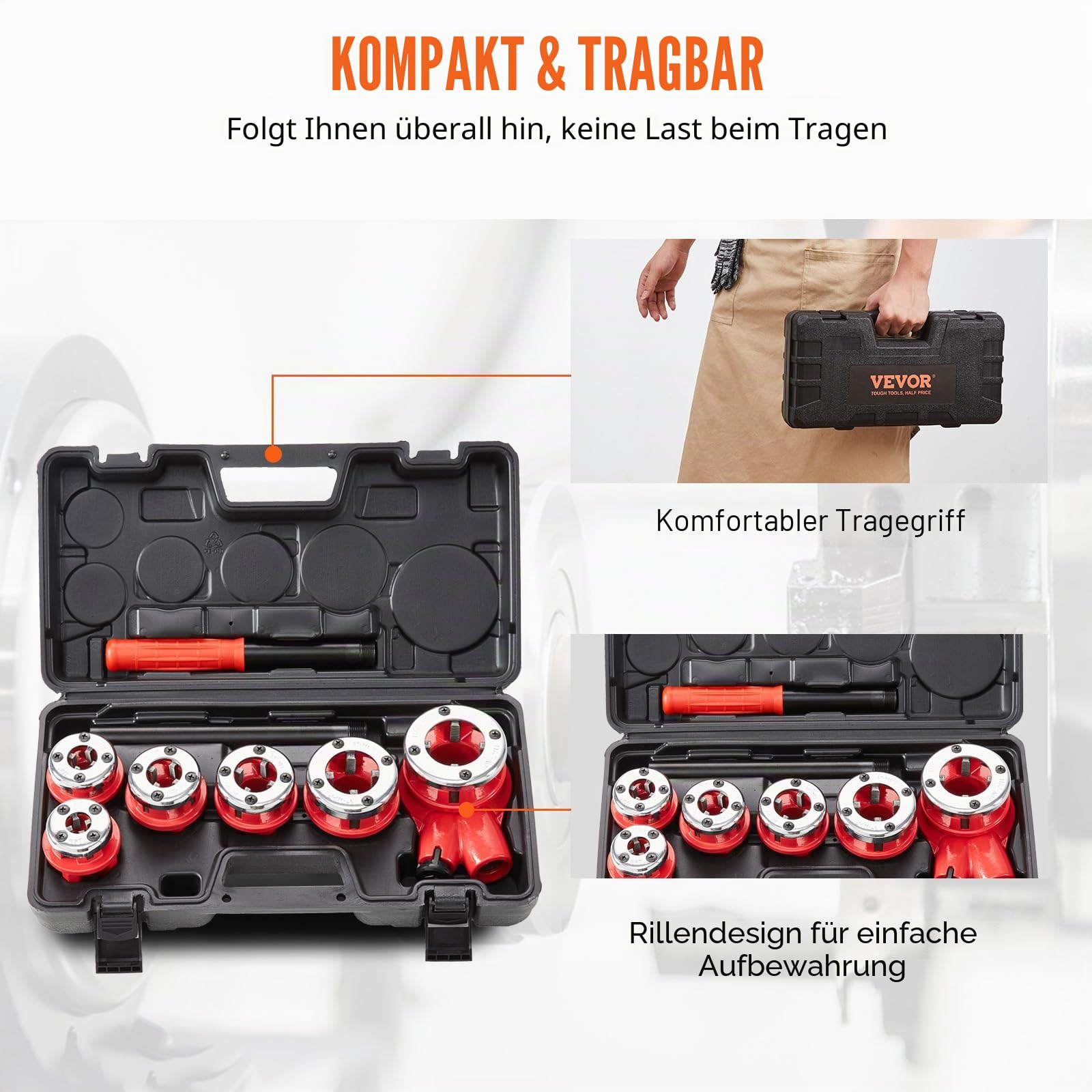VEVOR 6-tlg. Set Gewindeschneidkluppe Rohrgewindeschneidsatz Kluppe Gewindeschneider 1/4 Zoll NPT – 1-1/4 Zoll NPT im Koffer 9SICR-Schneidkopf Ideal für Baugewerbe Sanitärindustrie usw.