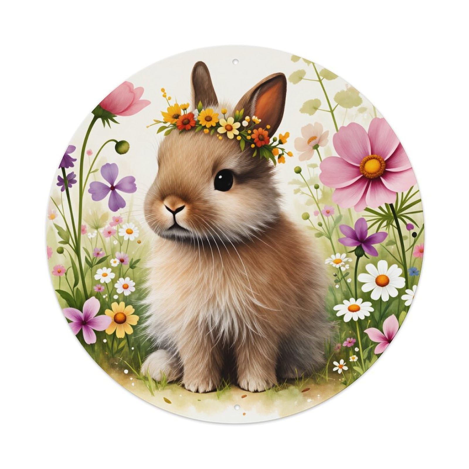 Floral Bunny Garden Spring Pattern Round Tin Sign Vintage Style Metal Sign Home Bar Garden Wall Plaque Decor Metal Poster 8x8 Inch