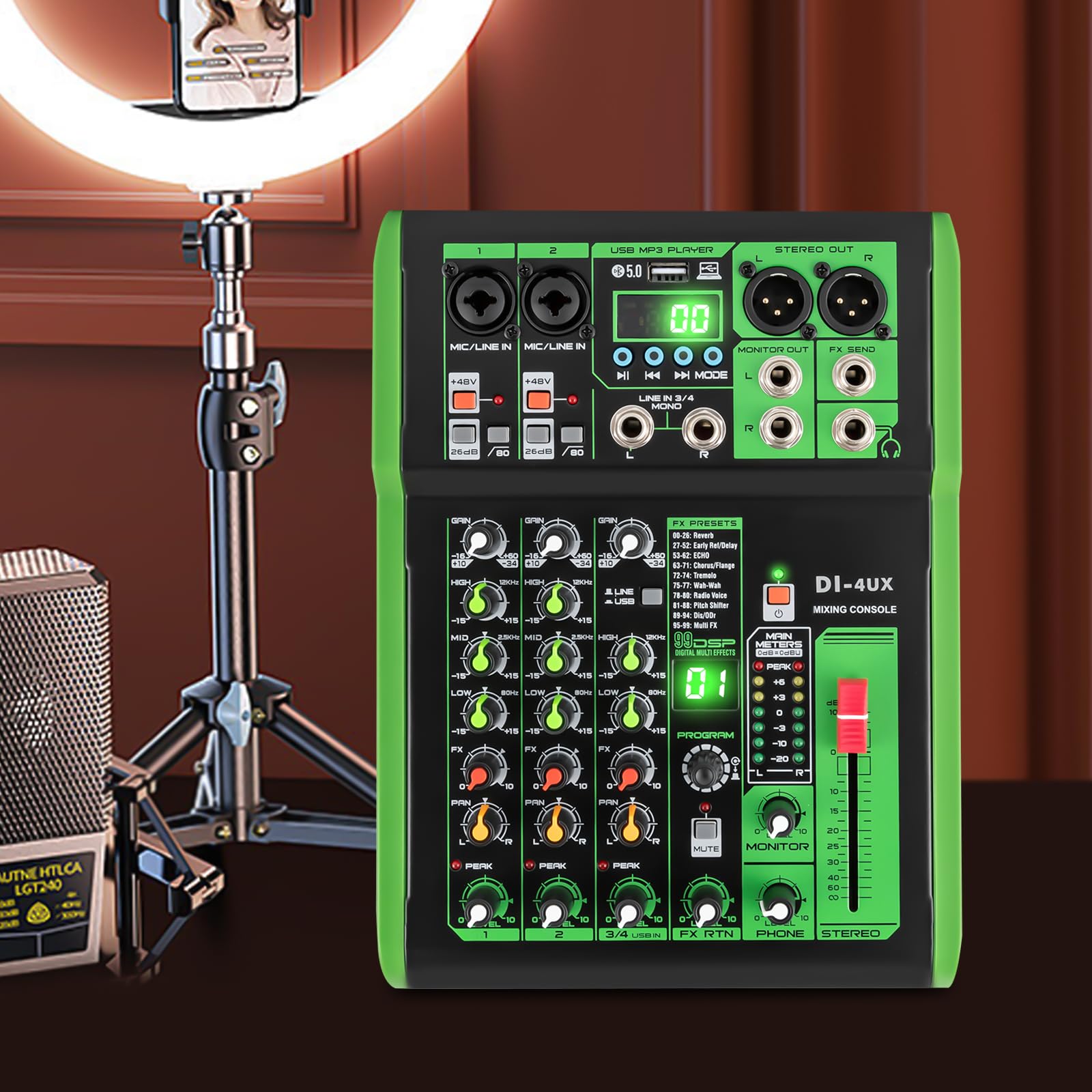 Mixer audio professionale, alimentazione phantom, preamplificatore per microfono, serie DI-4UX, verde, 19,3 x 26 x 4,5 cm