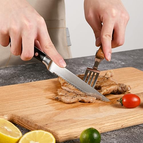 Miniatura 15 de Damasco - Juego de 6 cuchillos de carne dentados con estuche, cuchillo de carne dentado de 5 pulgadas, cuchillas de acero de 67 capas afiladas a