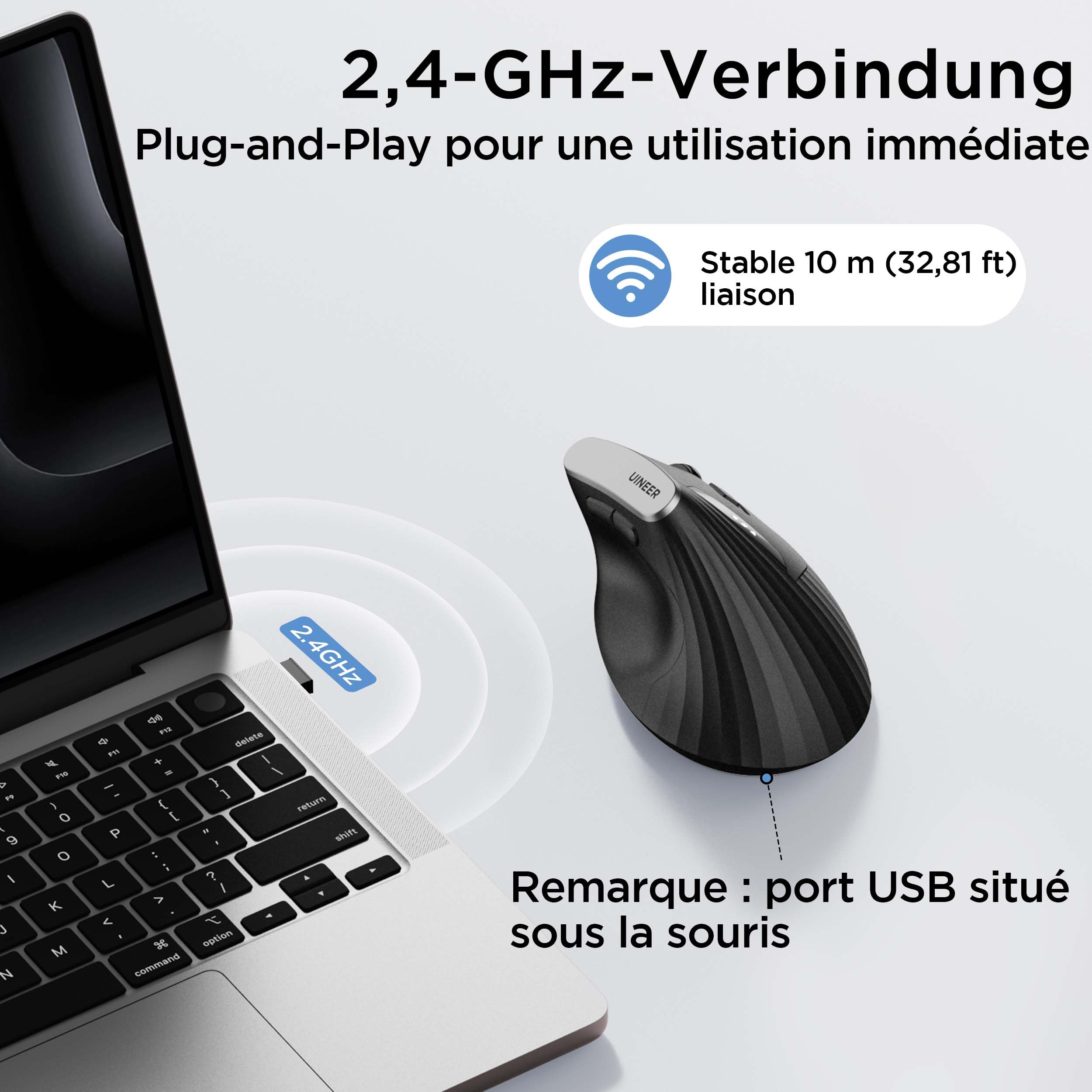 souris ergonomique sans fil, souris verticale 2,4G avec Indicateur de Batterie, DPI à 4 Niveaux, Confort et la Réduction de la Fatigue du Poignet, Idéale pour l'Usage à la Maison, Bureau, Noire