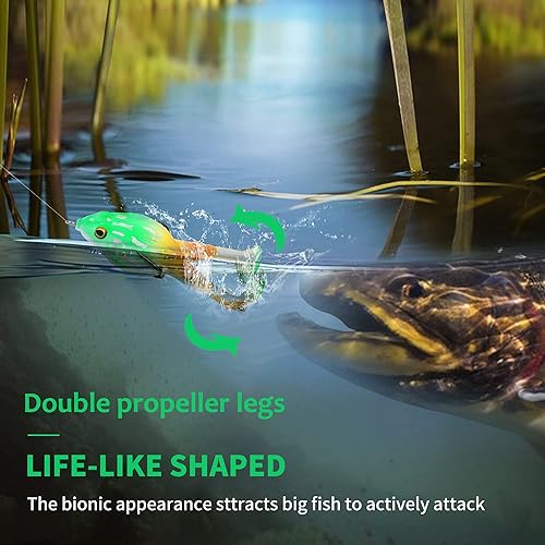 Miniatura 10 de Top Water Soft Frog Bass - Kit de señuelos de pesca con doble hélice, 5 anillos de conexión, piel de silicona gruesa, salpicaduras más grandes, más