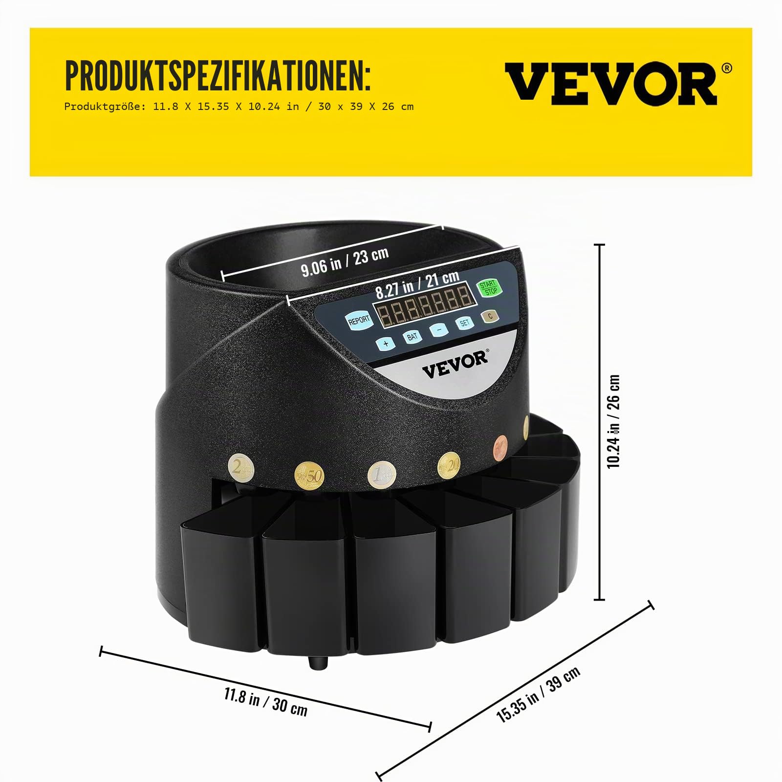 VEVOR Euro Münzzähler Sortierer 500-1000 Münzen Elektronische Automatik EUR Münzzählmaschine 300 Münzen pro Minute mit 8 Münzschubladen für Schulladenbank, schwarz