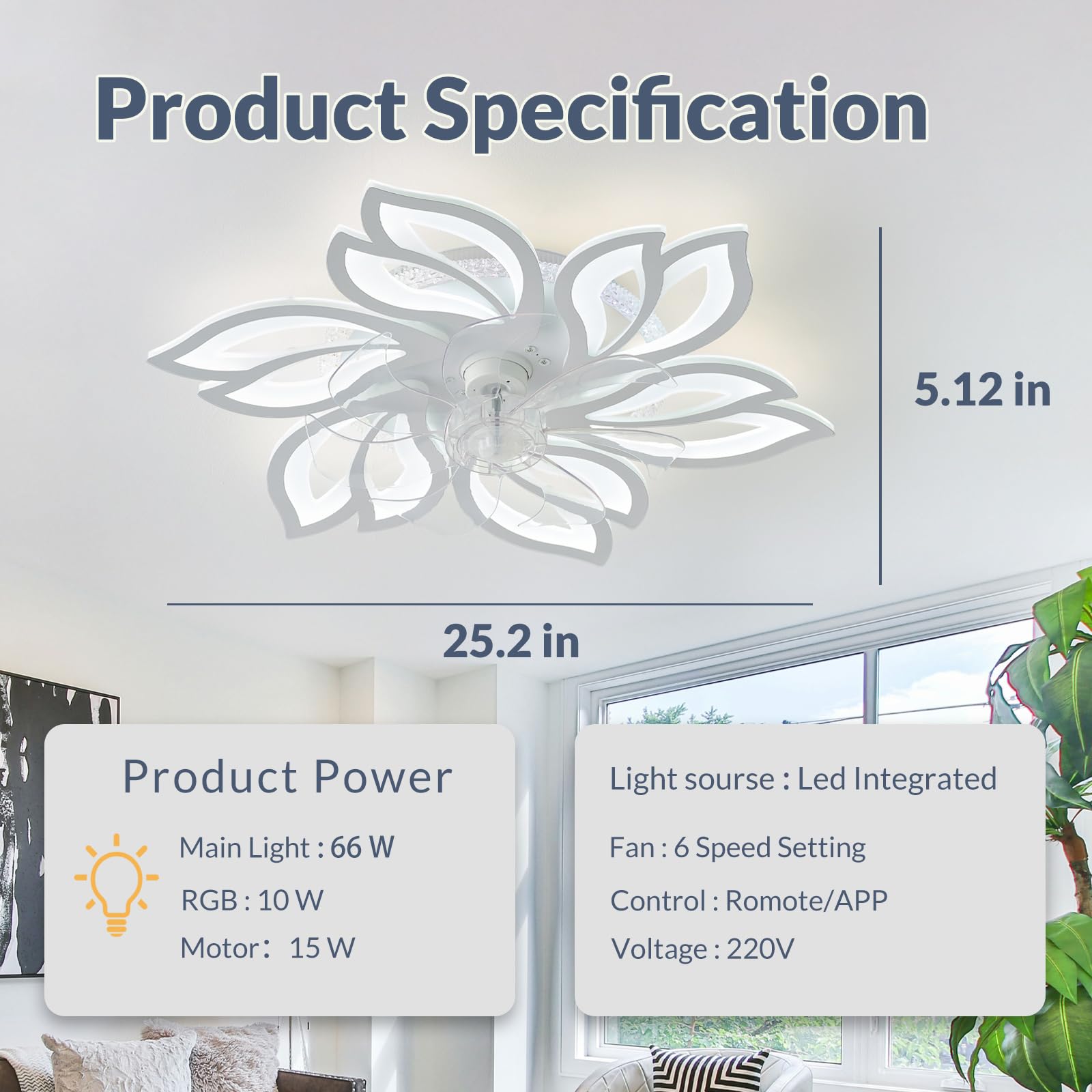 Ventilatore Da Soffitto A Forma Di Fiore RGB Con Luce E Silenzioso, Lampada A Sospensione Motore DC Dimmerabile A LED, Ventilateur De Plafond Con Luce E Telecomando, 6 Velocità