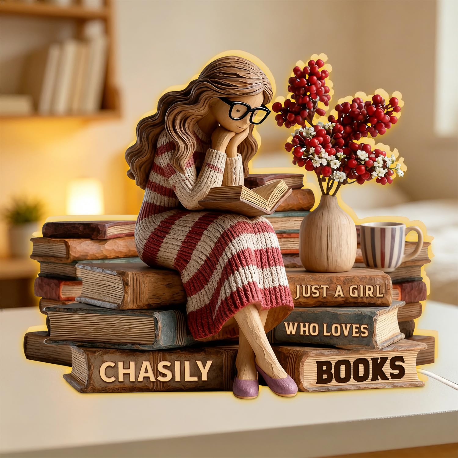 Personalized Just A Girl Who Loves Books Light Box, Custom Reading Book Lover LED Night Light Lamp Reading Gifts for Bookworm, Bookish, Book Reader, Librarians, Bookshelf Library Home Decor