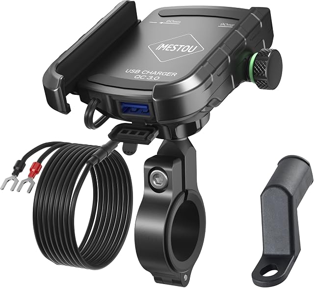 iMESTOU Motorcycle USB Phone Mount Charger Handlebar/Rear-View Mirror Cellphone Holder Charger with Aluminum Mount Base for 12V/24V Vehicles Compatible with 4.0-6.8 Inch Smartphones