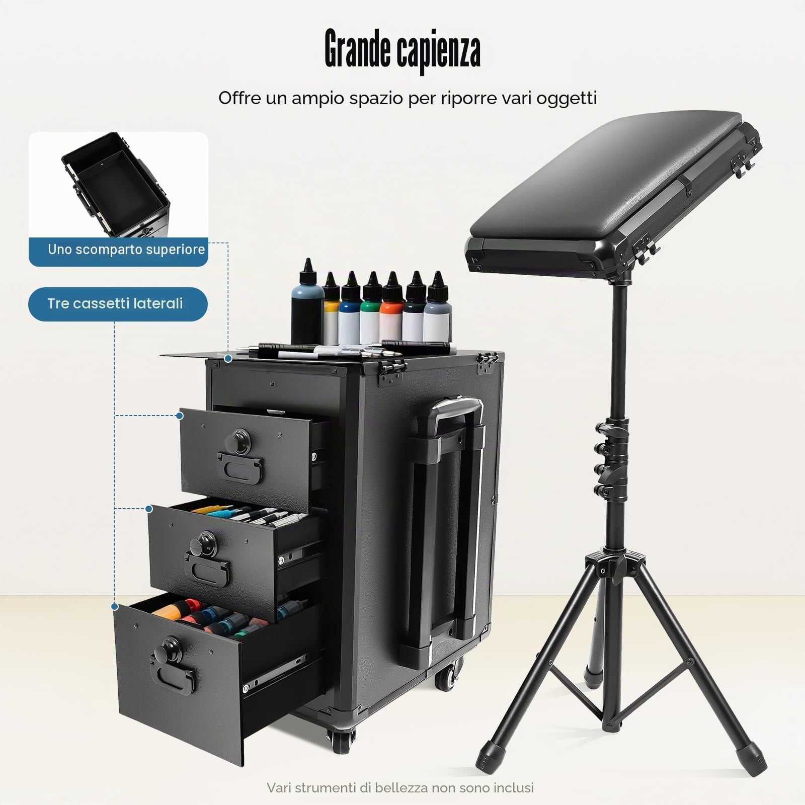 Valigetta cosmetica trolley con braccioli e lamiera metallica, per tatuaggi con 3 cassetti, per trucchi professionali, da tavolo per tatuaggi, da donna, con ruote