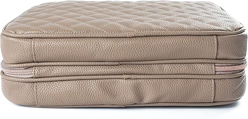 Miniatura 7 de Neceser de viaje de cuero para mujer, tamaño cosmético grande con 4 bolsillos, herrajes de oro rosa e interior satinado, Acolchado de color café.