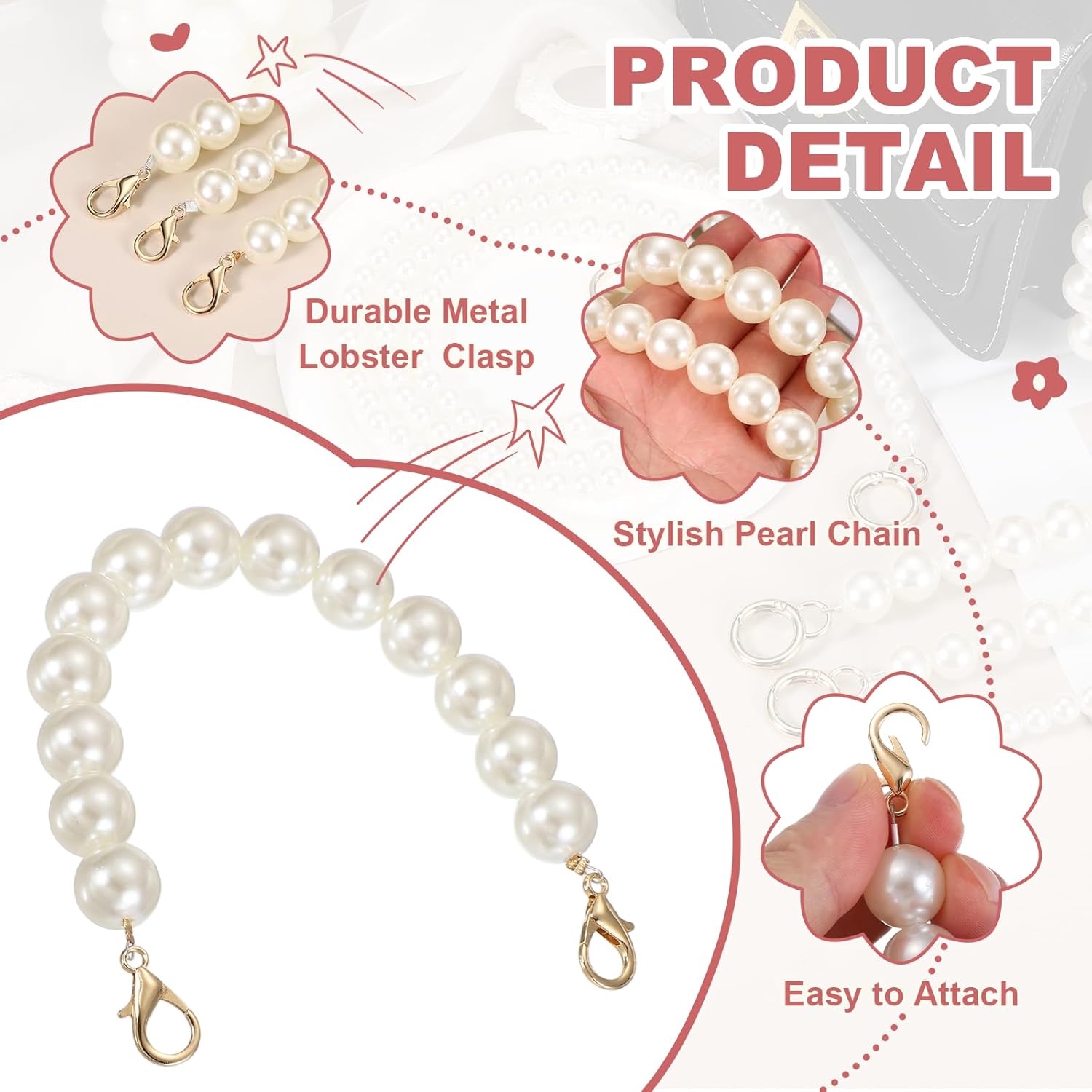 uxcell Imitation Pearl Purse Strap, 10" Bag Extender Chain with Lobster Buckle Handbag Purse Chain Replacement Beaded Strap for DIY Handbag Hang Bag Accessories, 16mm Gold - Image 3