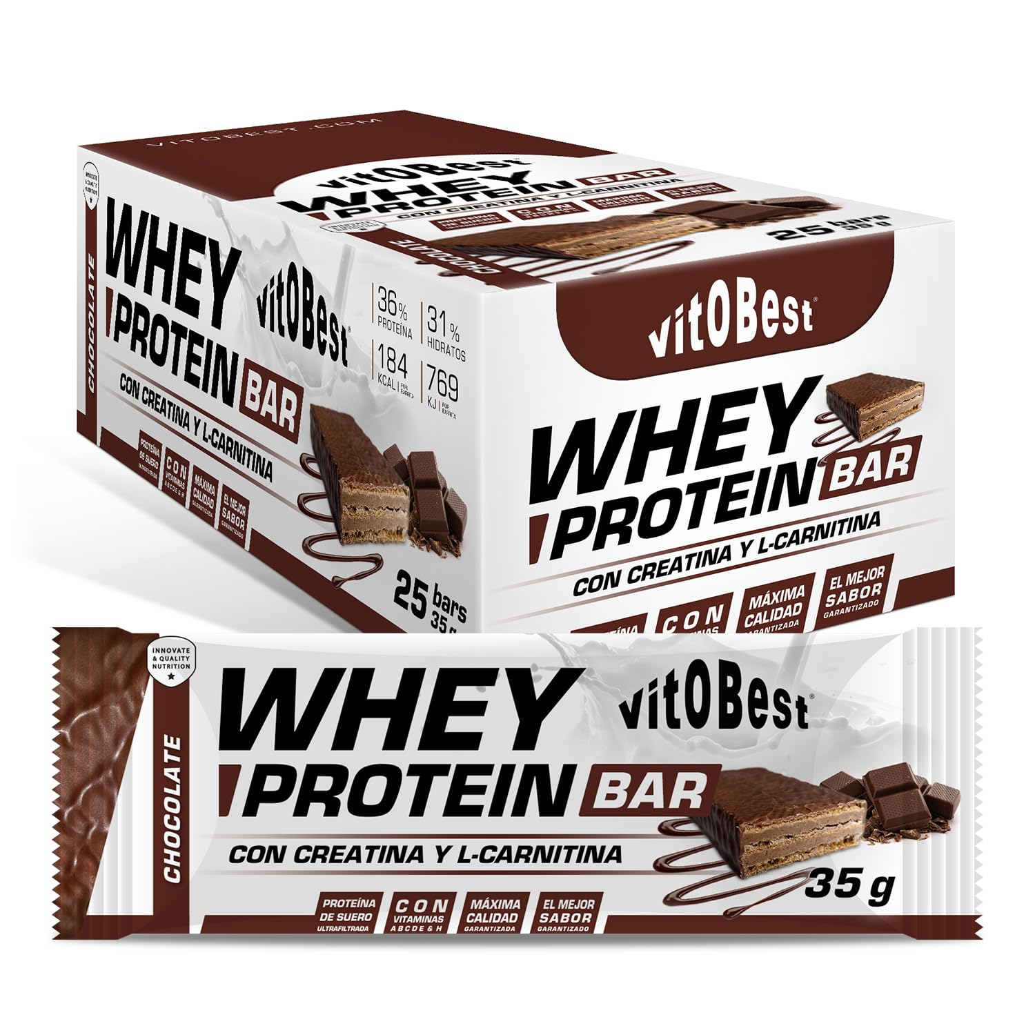 VITOBEST | Barritas Whey Protein Bar | Contribuye a aumentar y conservar la masa muscular | Relleno de mousse aromatizado y cobertura de chocolate con leche | Sabor Chocolate - 25 barritas x (35 g)