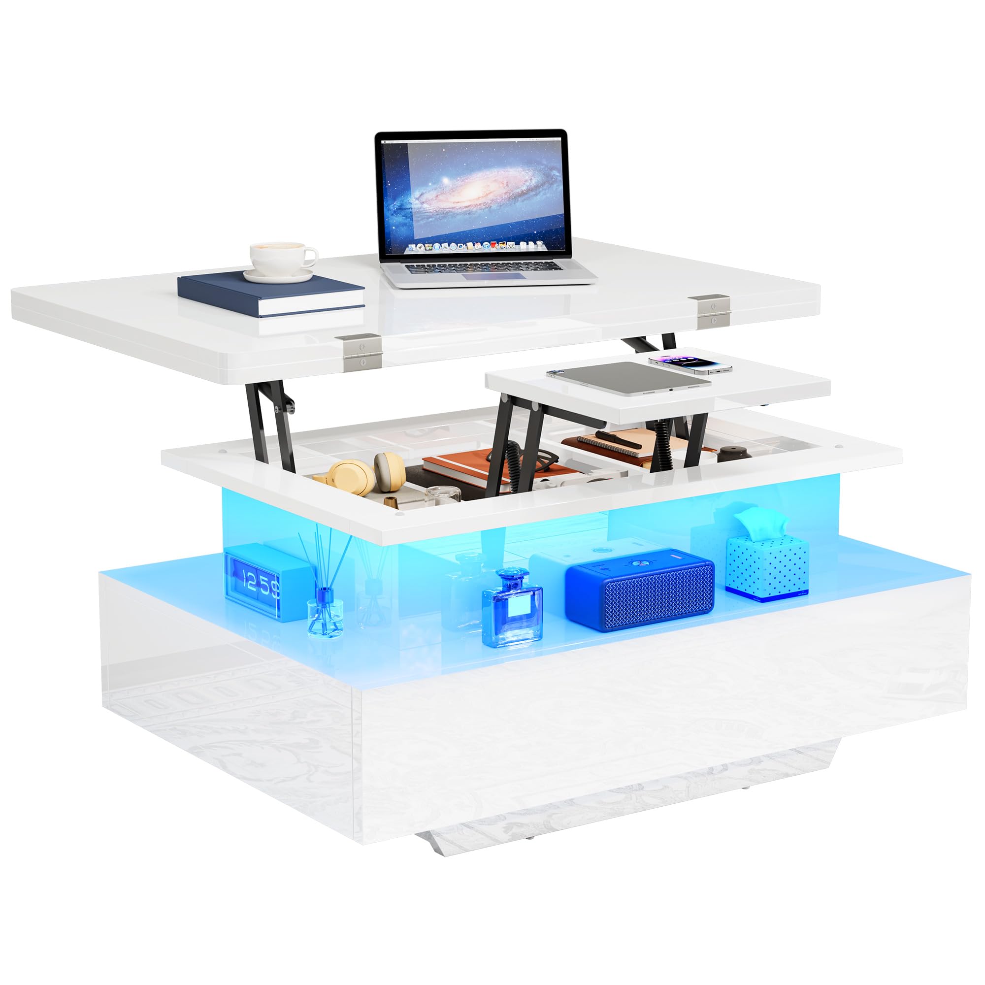 YITAHOME Tavolino Salotto Sollevabile Moderno con LED, 4 in 1 Tavolo Trasformabile in Tavolino con due Cassetti, Tavolo Soggiorno Allungabile Adatto per Soggiorno e Feste a Tavolo da Pranzo
