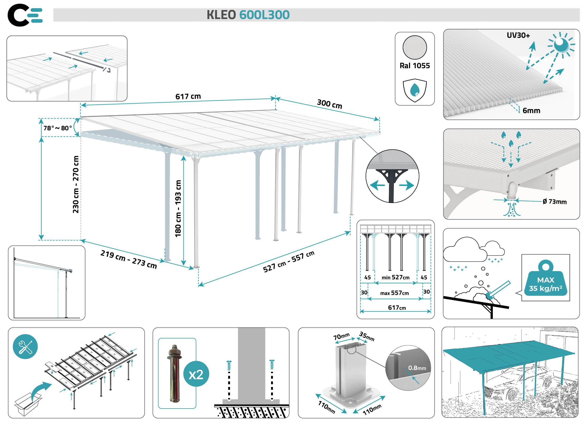 Cazeboo Carport Abri Voiture Toit Terrasse KLEO – 18 m² 6x3 m Aluminium Blanc Polycarbonate Anti-UV – Pergola adossée Robuste Anti-Rouille – Protection Pluie Neige Soleil – 626 x 300 cm