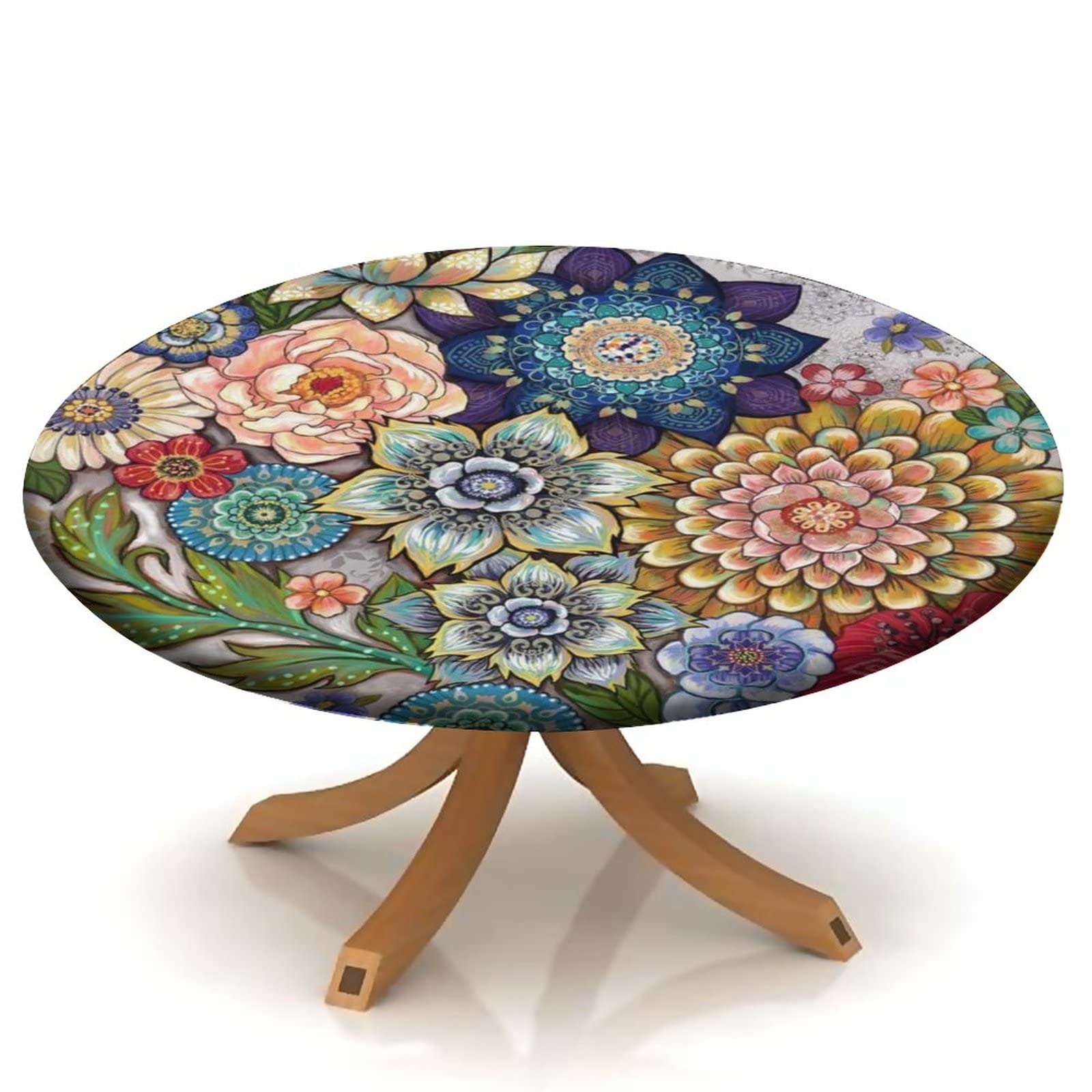 JKSER Boho Round Fitted Tablecloth, Floral Bohemia Pattern Waterproof Table Cover for Kitchen Dining Room, Stain Proof Polyester Tablecloths for 28"-