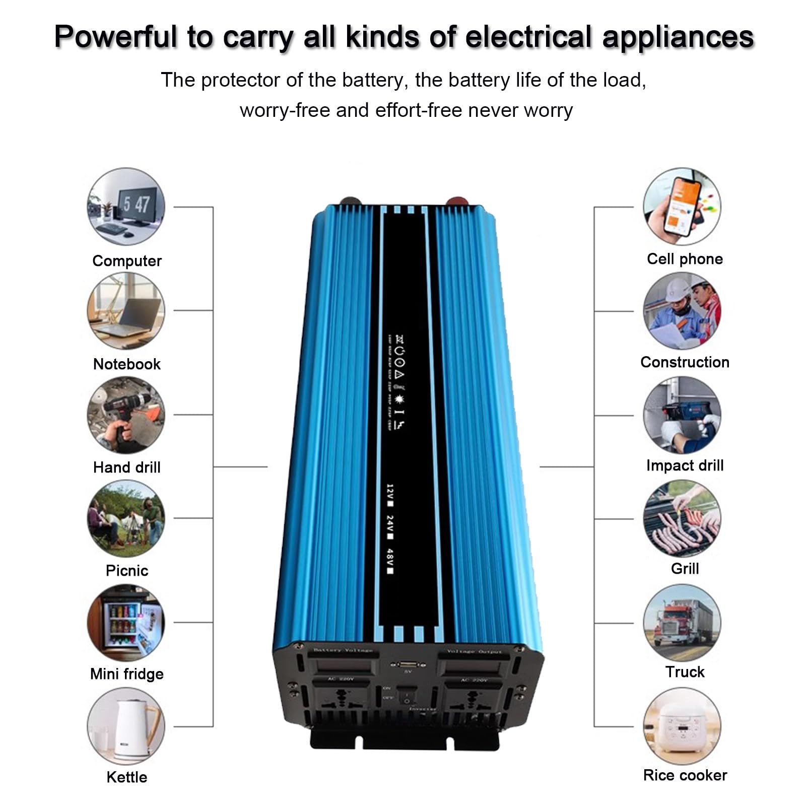 Przetwornica napięcia z czystą falą sinusoidalną, przetwornica DC 12 V/24 V na AC 220 V z 2 gniazdami AC i wyświetlaczem LED, do laptopa,10000W-48V