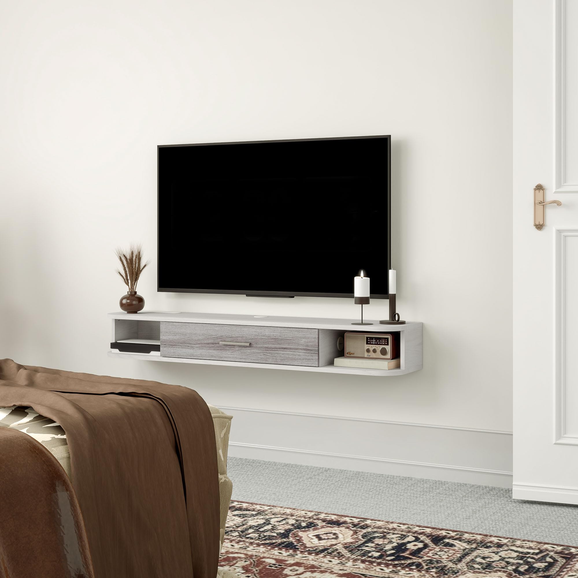 HOMCOM Mobile TV Sospeso con 2 Ripiani Aperti e Armadietto ad Anta Ribaltabile, Mobile Porta TV in Legno, 120x26x16 cm, Bianco e Grigio