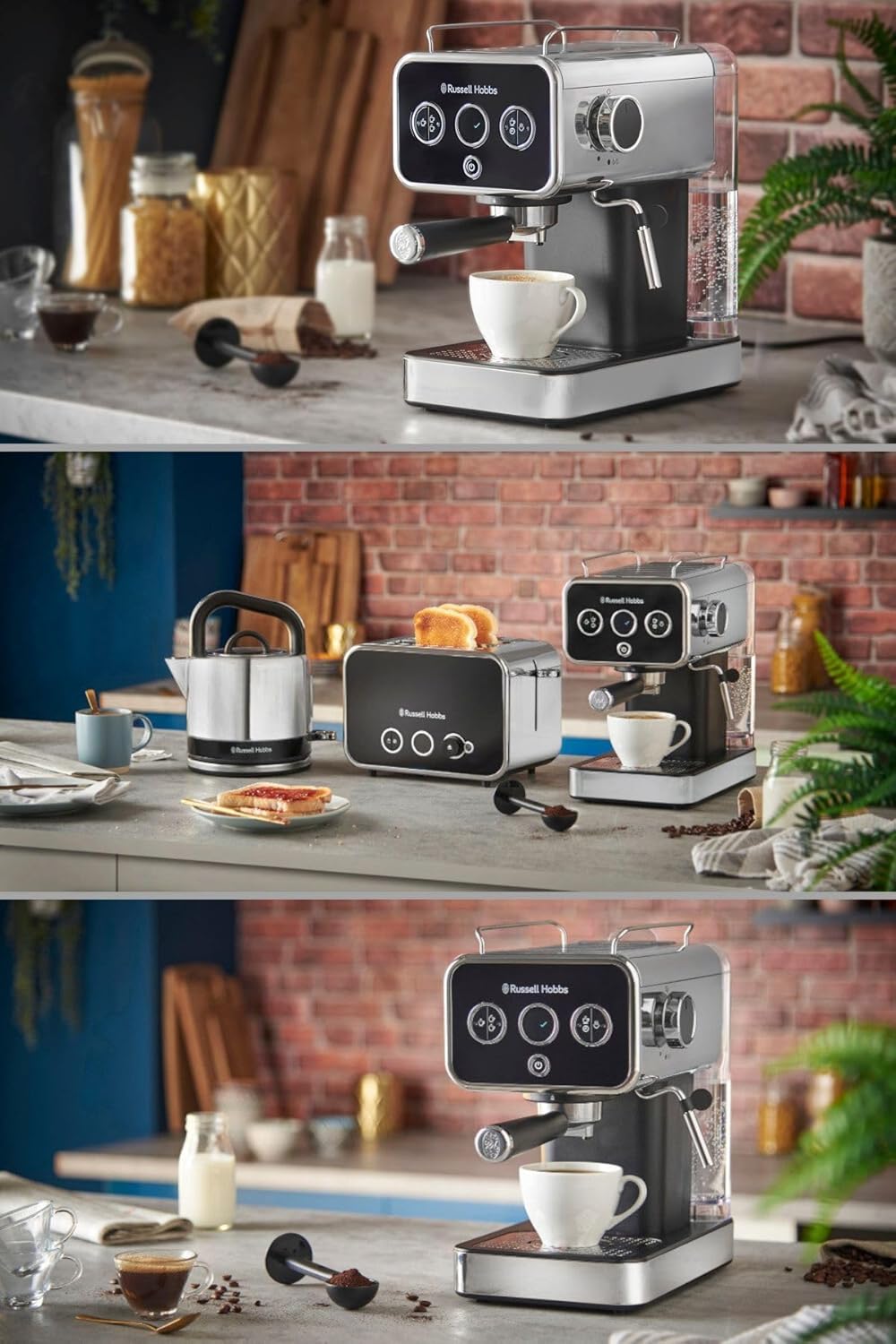 Russell Hobbs Distinctions espressovél sem gufustönglar mjólkurfreyða í könnu.