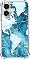 Capa de celular com mapa do mundo azul estética compatível com iPhone 16 Plus, mapa dos oceanos azuis fina, à prova de choque, capa protetora de TPU para iPhone 16 Plus