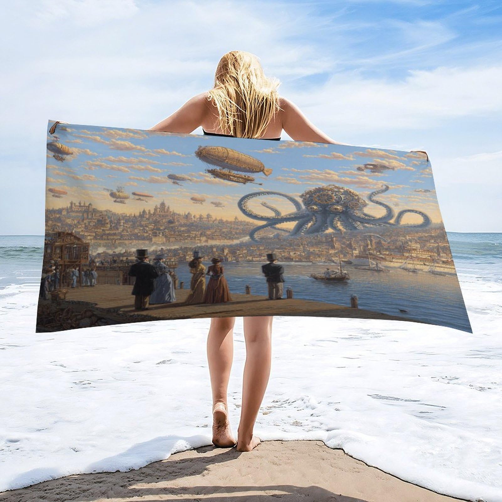 Luyysky Fantasy Vintage Sea Octopus Absorbent Beach Towel, Mid Century Steampunk Nautical Ocean Animal Octopus Hot Air Balloon Outdoor Single-Sided Velvet Beach Towel-80 W Cm X 160" L Cm