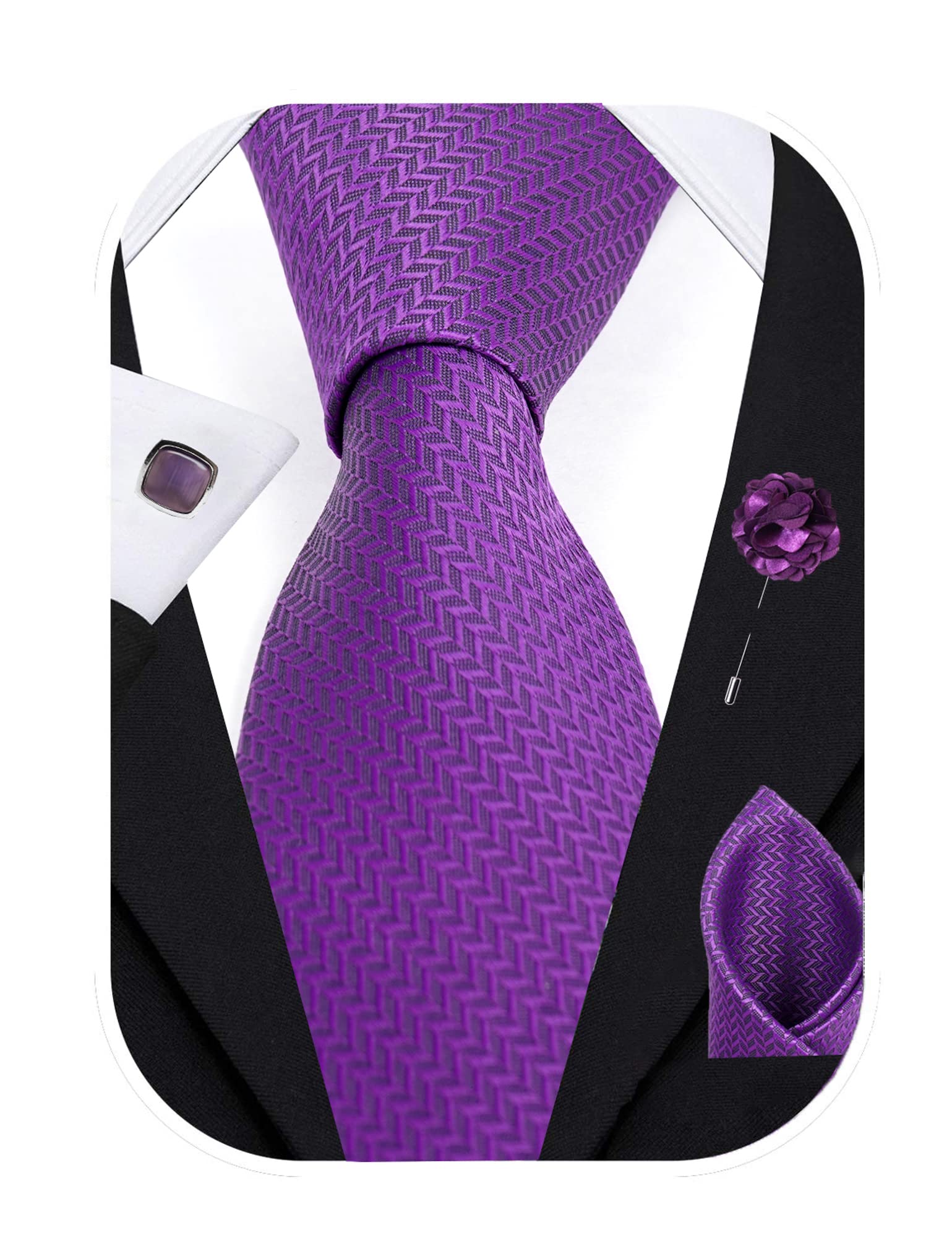 RIZORO Tie for Men – Self Silk Neck Ties Set with Cufflinks Flower Pin, Pocket Square & Black Gift Box, Combo Necktie Sets for Office Wear, Formal Suits & Weddings (Purple, SIDIPLRX) 1