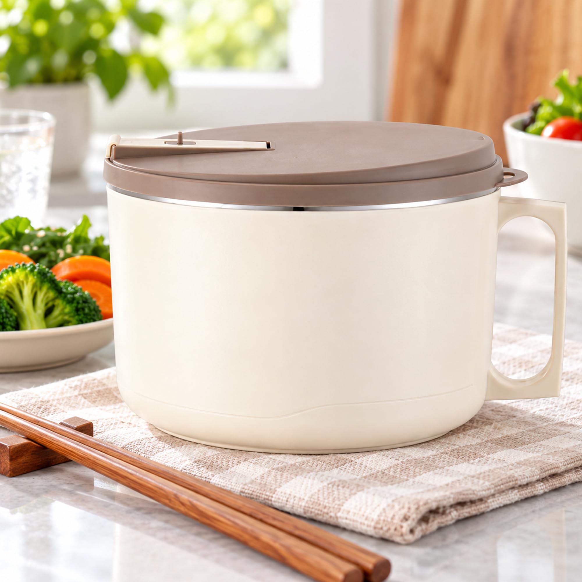 Plastic Noodle Bowl with Stainless Steel Lining and Lid for Packed Lunches, Everyday Home Meals and Food Serving