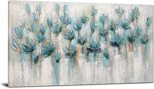 Pintura al óleo abstracta grande hecha a mano, flor verde azulado, bohemio, paisaje, paleta impresionista, arte para dormitorio, baño, oficina, bar,