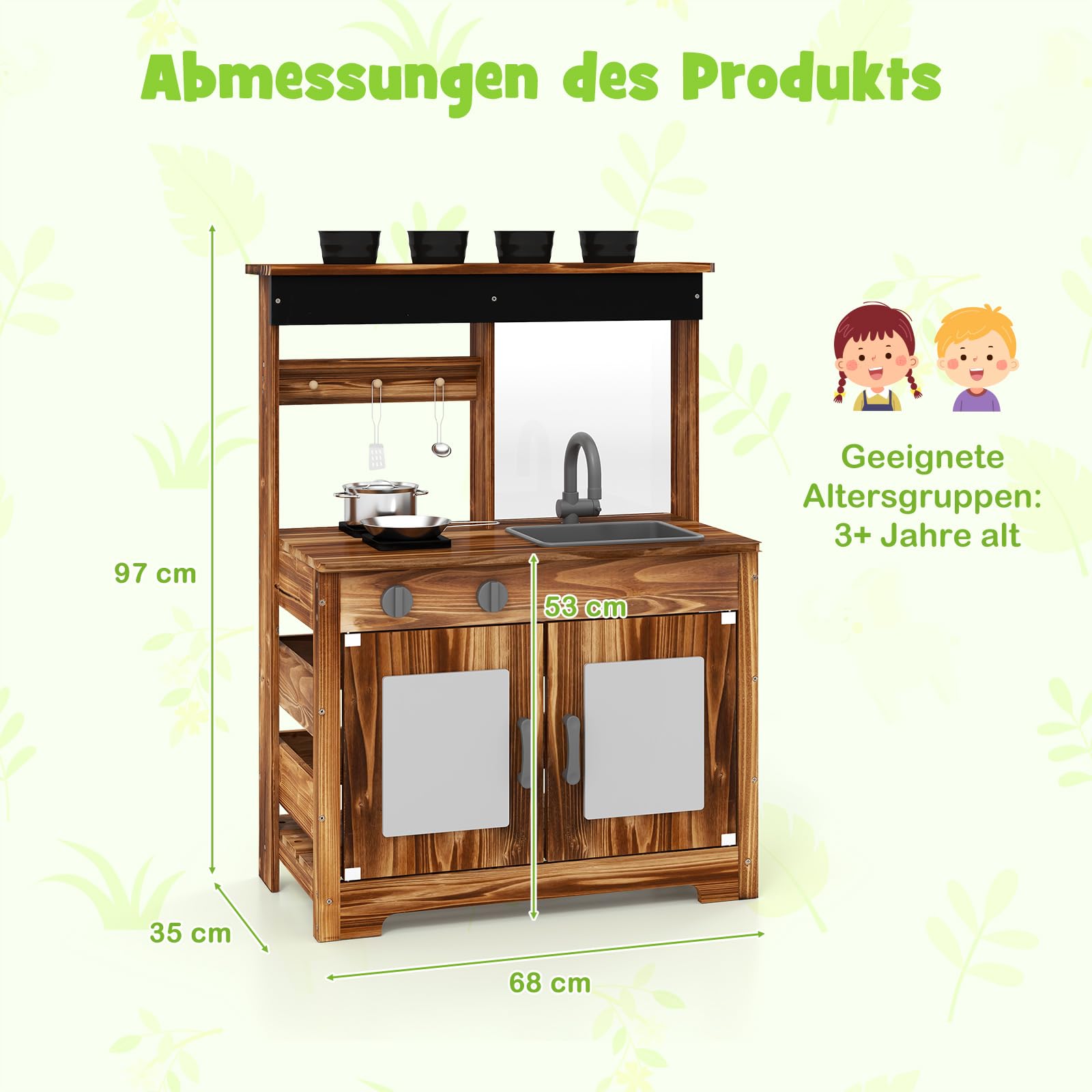 GOPLUS Matschküche Kinder Outdoor, Spielküche aus Tannenholz, Kinderküche mit 4 Kochzubehör & Pflanztöpfen, Spielküchen mit Kreidetafel, Spüle & Kochfeldern, Gartenküche für Kinder ab 3 Jahren